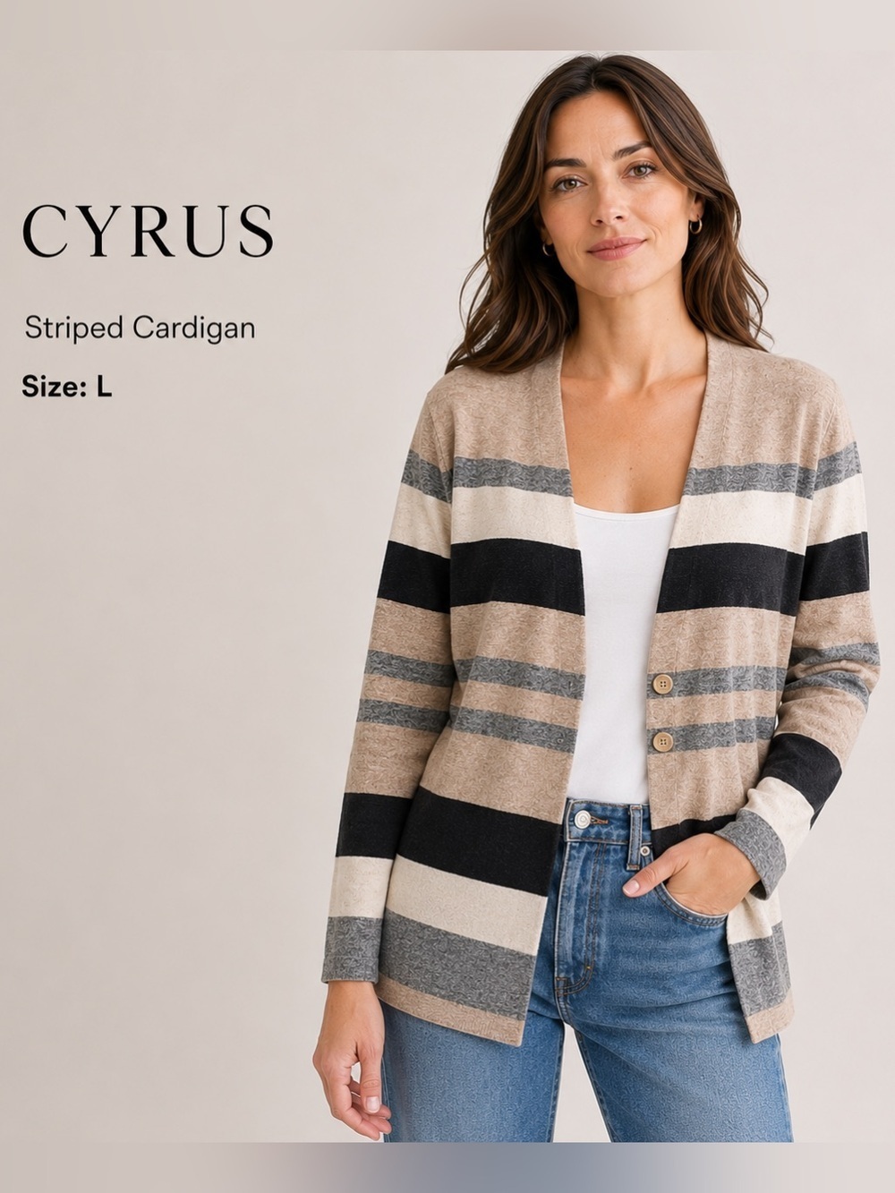 CYRUS women long striped casual preppy cozy cardigan /size L